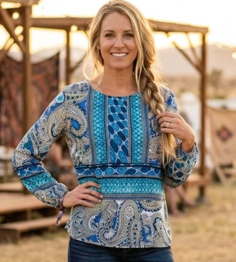 Chico's Blue Paisley Mesh Long Sleeve Top Size 1